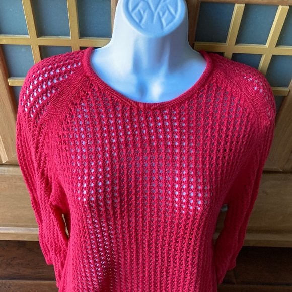 Jeanne Pierre Tomato Red Open Weave 3/4 Sleeve Sweater X Large - Picture 2 of 5